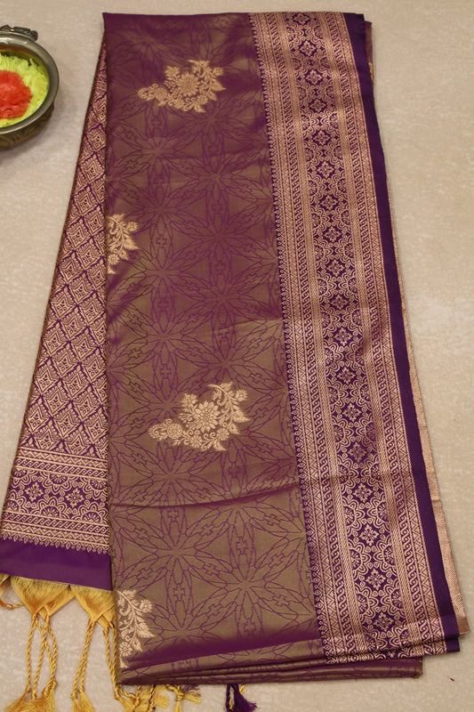 Semi Soft Silk Saree-Golden Brown Floral Body