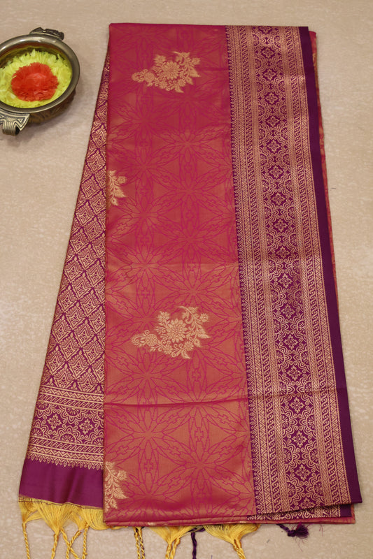 Semi Soft Silk Saree-Peachish Pink Floral Body