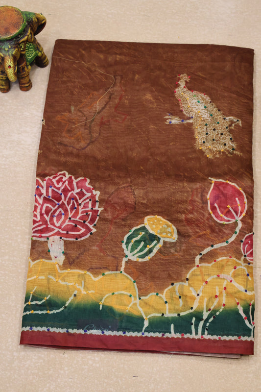 Semi Chanderi Saree -Brown Floral-Peacock Flower