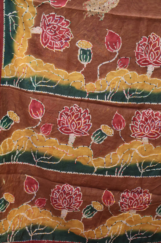 Semi Chanderi Saree -Brown Floral-Peacock Flower