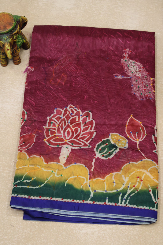 Semi Chanderi Saree -Maroon Floral-Peacock Flower