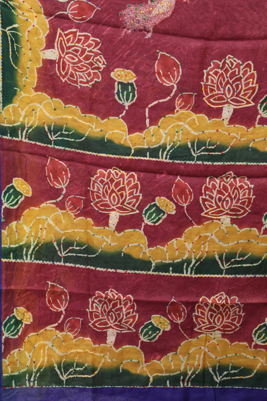 Semi Chanderi Saree -Maroon Floral-Peacock Flower