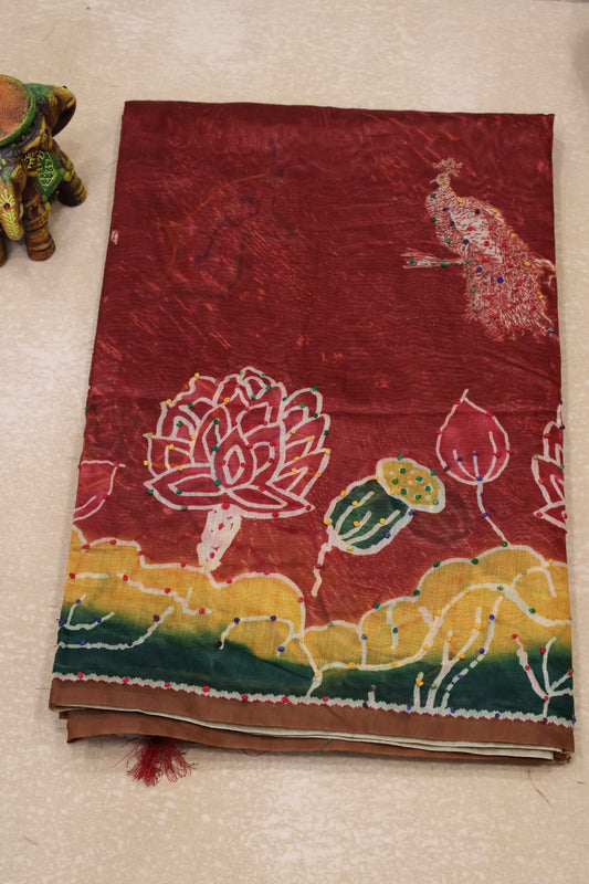 Semi Chanderi Saree -Red Floral-Peacock Flower