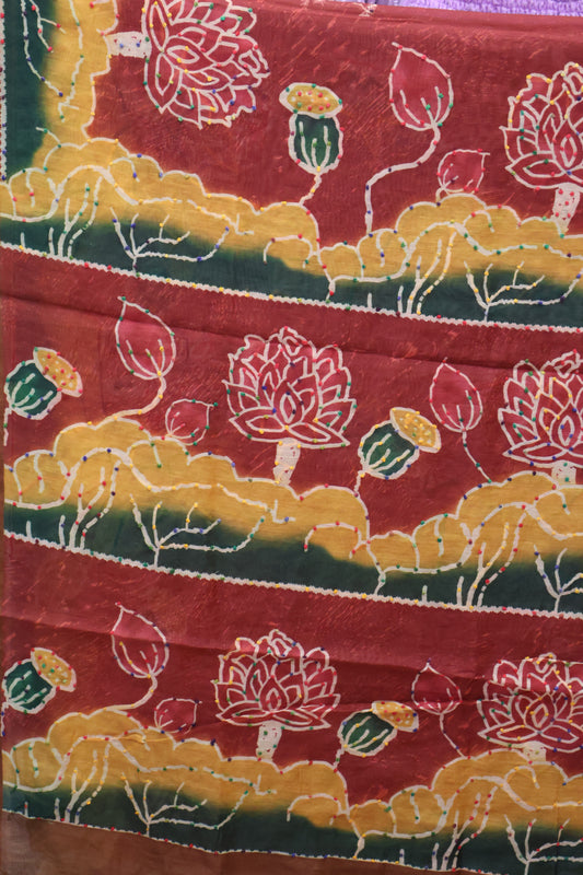 Semi Chanderi Saree -Red Floral-Peacock Flower