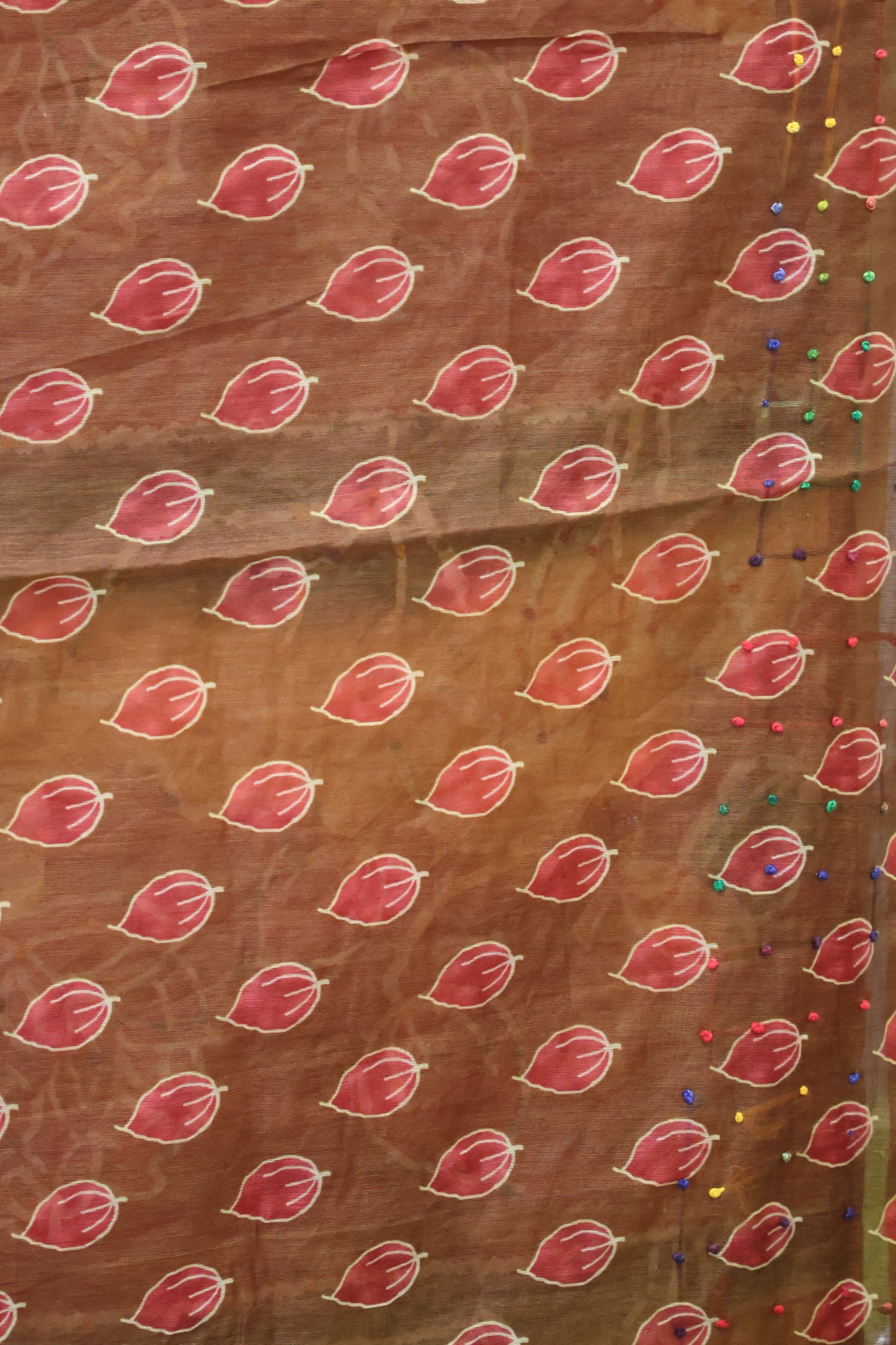 Semi Chanderi Saree -Red Floral-Peacock Flower