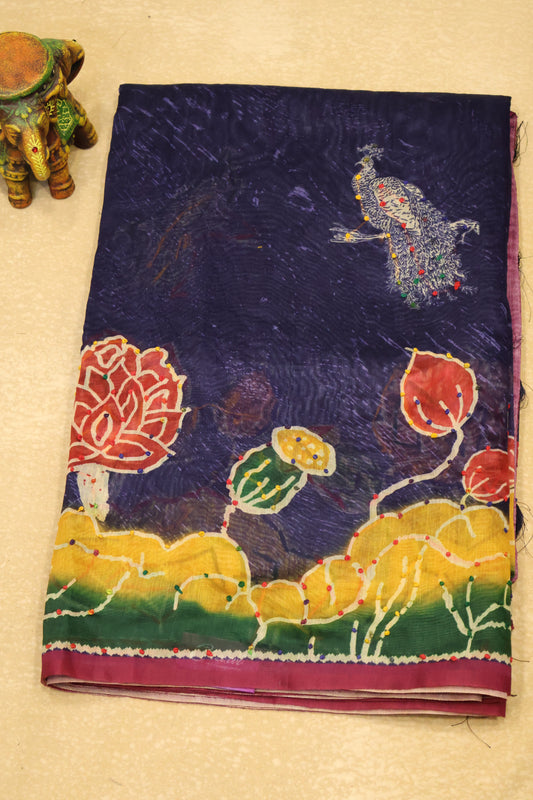 Semi Chanderi Saree -Navy Blue-Peacock Flower
