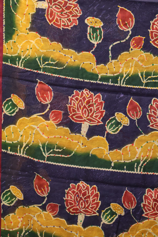 Semi Chanderi Saree -Navy Blue-Peacock Flower