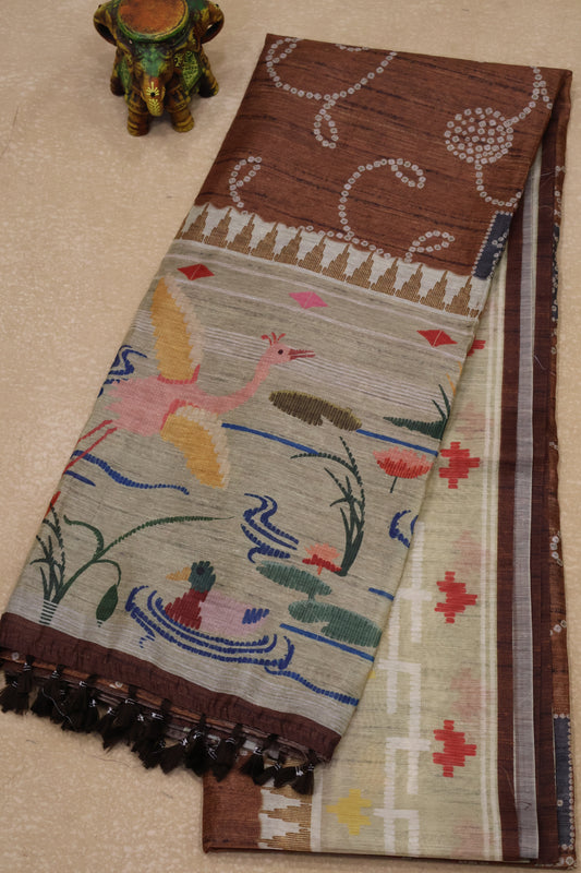 Semi Chanderi Saree Bandhini Print - Brown