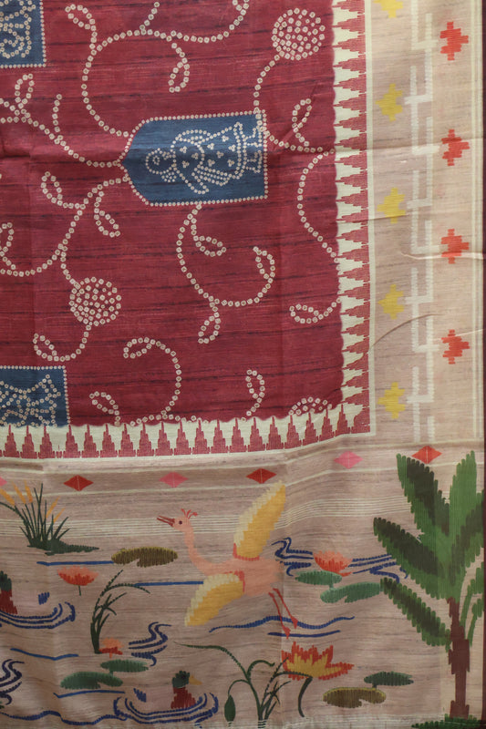 Semi Chanderi Saree Bandhini Print - Brown