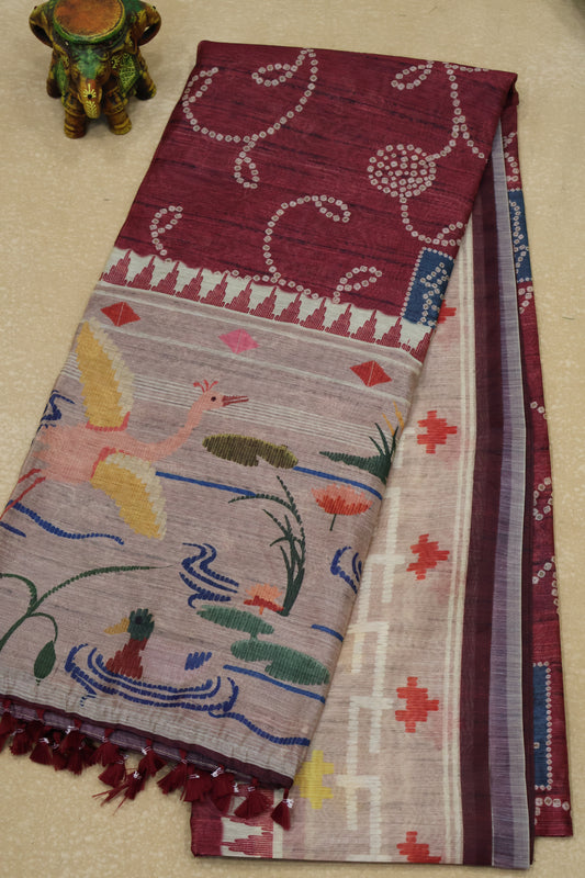 Semi Chanderi Saree Bandhini Print -Maroon