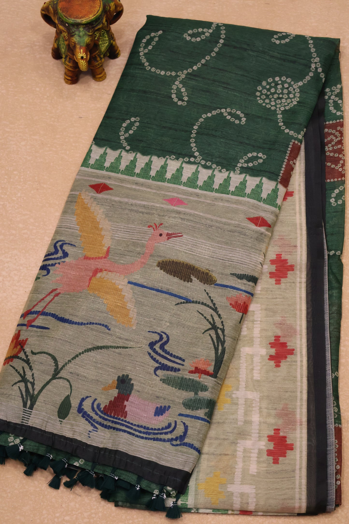Semi Chanderi Saree Bandhini Print -Green