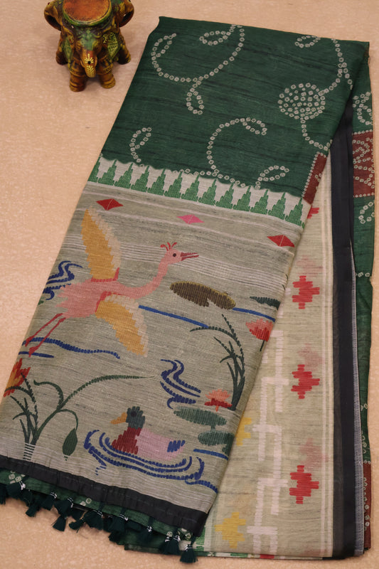 Semi Chanderi Saree Bandhini Print -Green