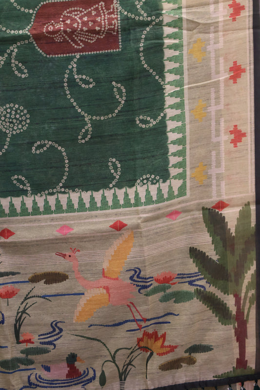 Semi Chanderi Saree Bandhini Print -Green