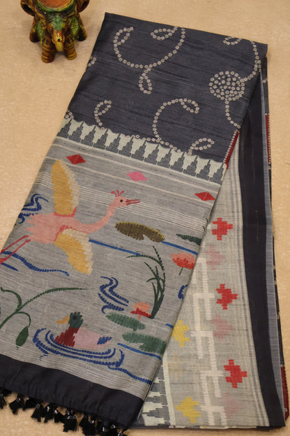 Semi Chanderi Saree Bandhini Print -Grey