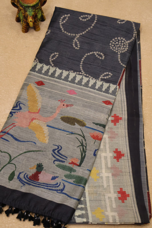 Semi Chanderi Saree Bandhini Print -Grey