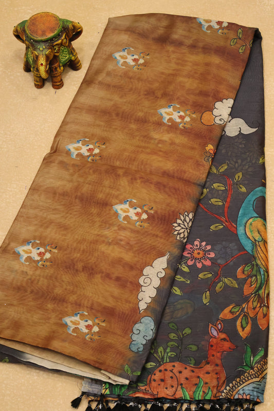 Semi Chanderi Saree- Grey Deer Printed