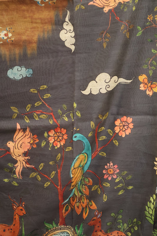 Semi Chanderi Saree- Grey Deer Printed