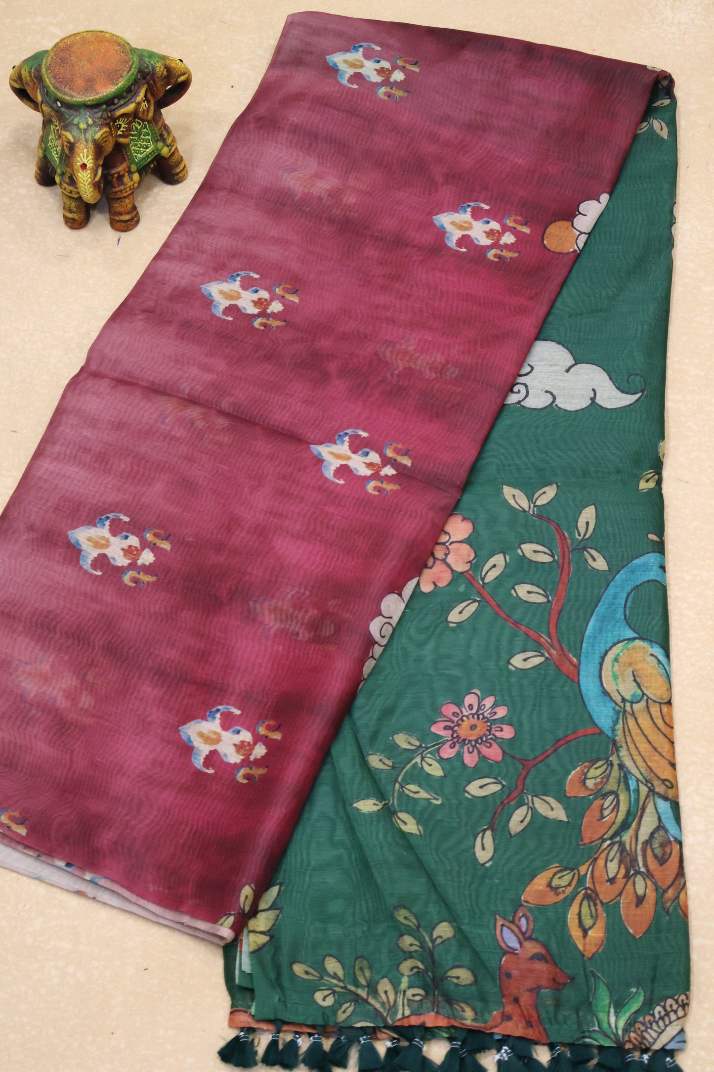 Semi Chanderi Saree- Green Deer Printed