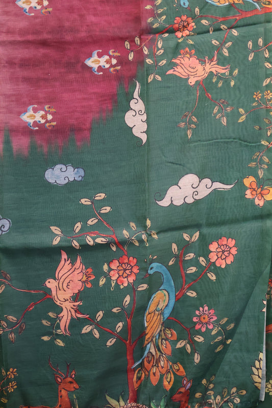 Semi Chanderi Saree- Green Deer Printed
