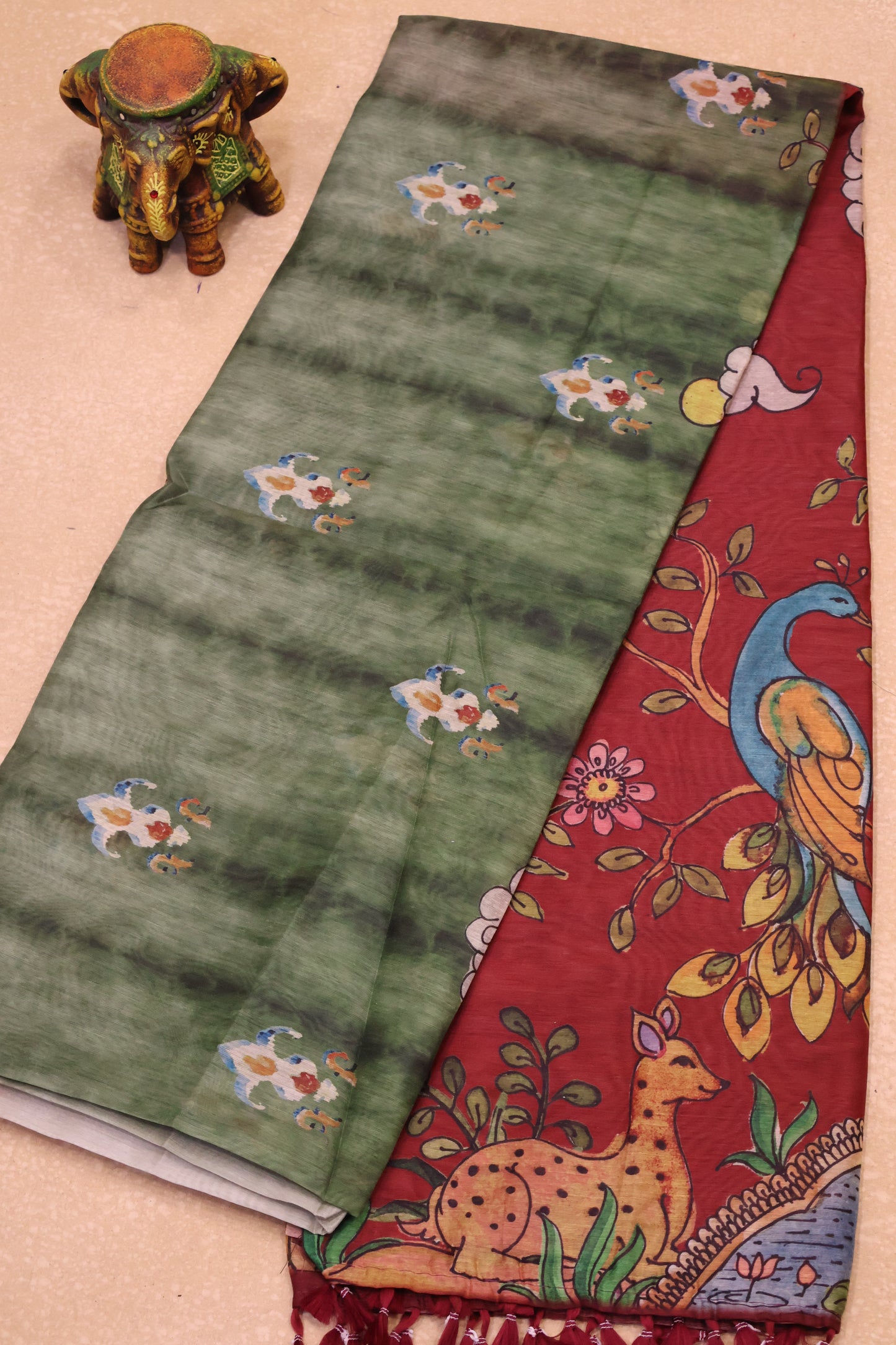 Semi Chanderi Saree- Dark Pink Deer Printed