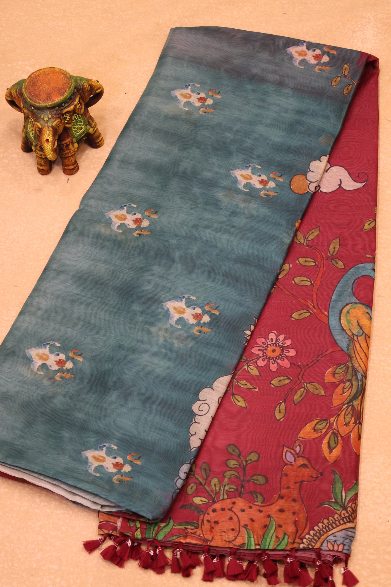 Chanderi Cotton Saree- Maroon Deer Printed