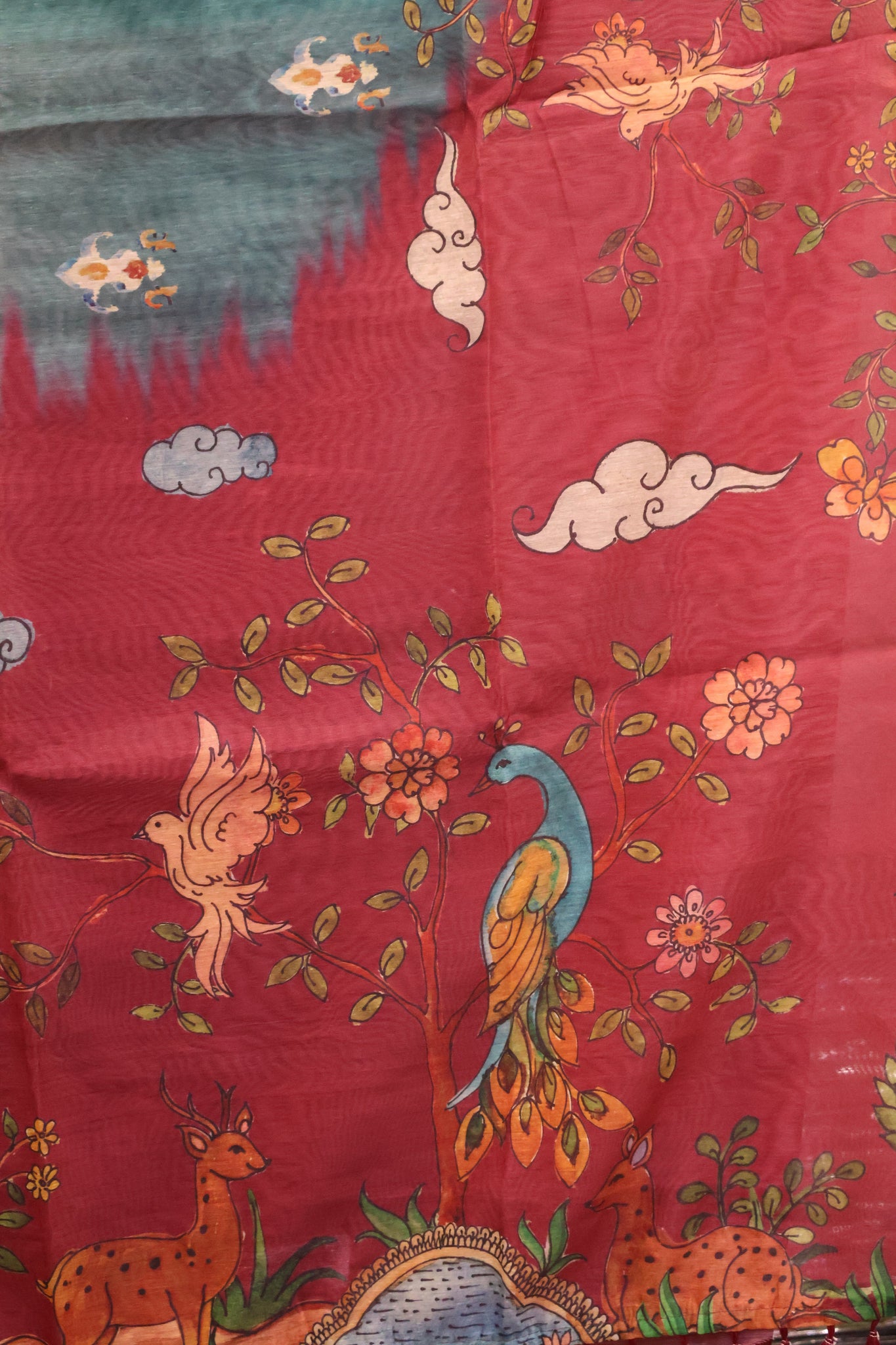 Chanderi Cotton Saree- Maroon Deer Printed