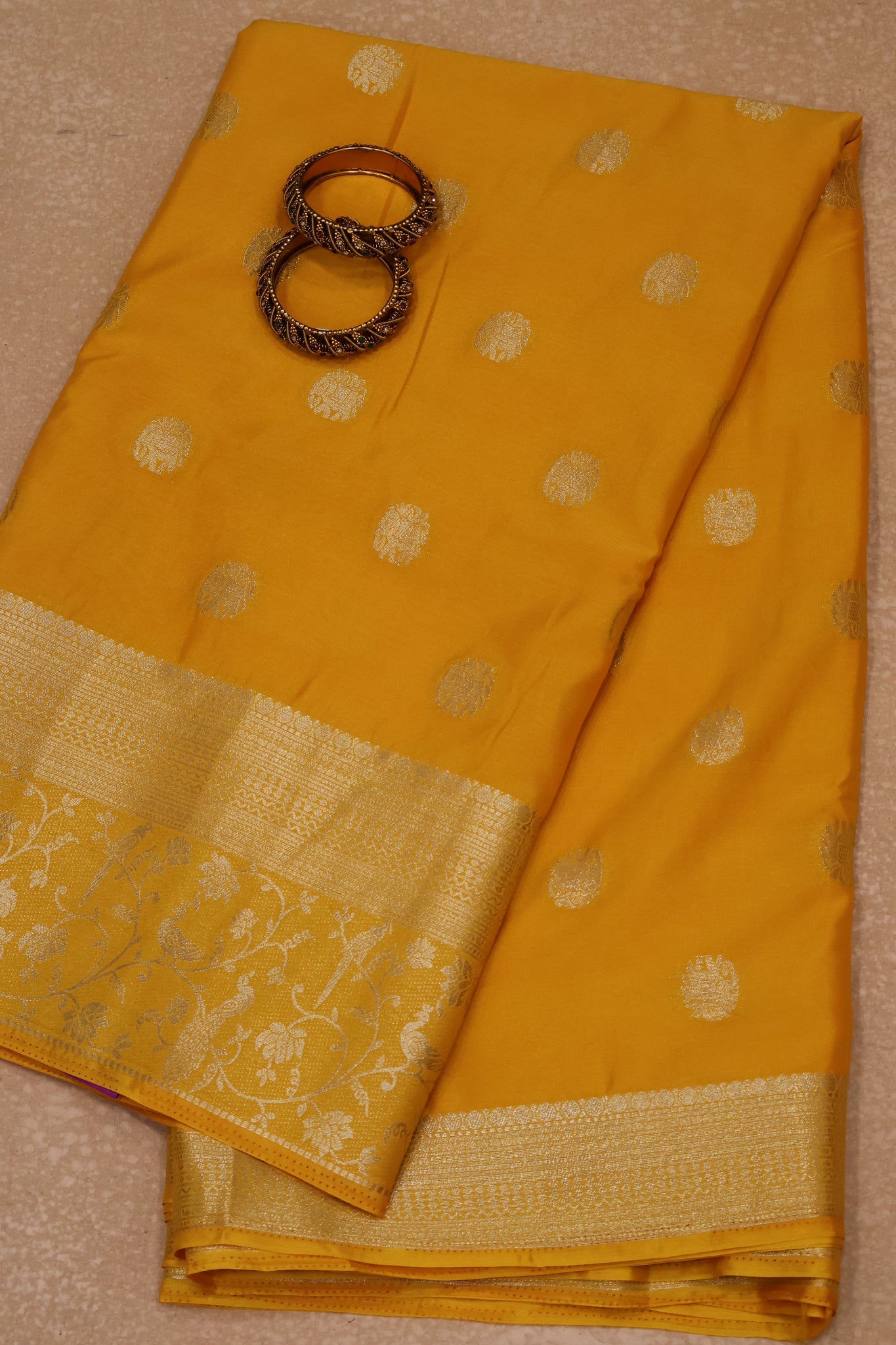 Banarasi Crepe Saree-Mango Yellow Elephant