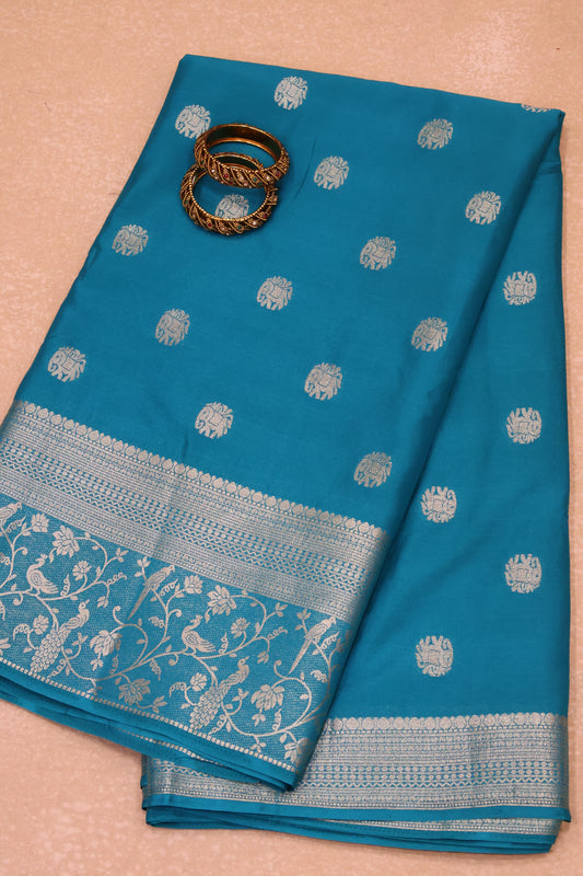 Banarasi Crepe Saree-Teal Blue Elephant