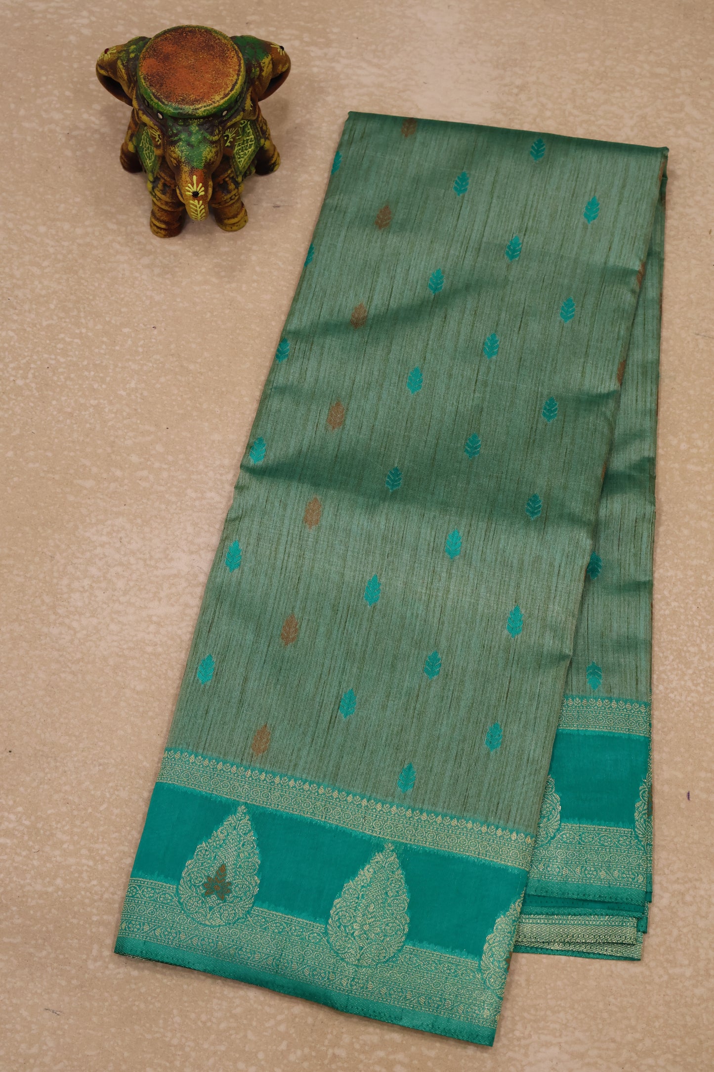 Semi Tussar Saree -Teal Green Leaf Butta