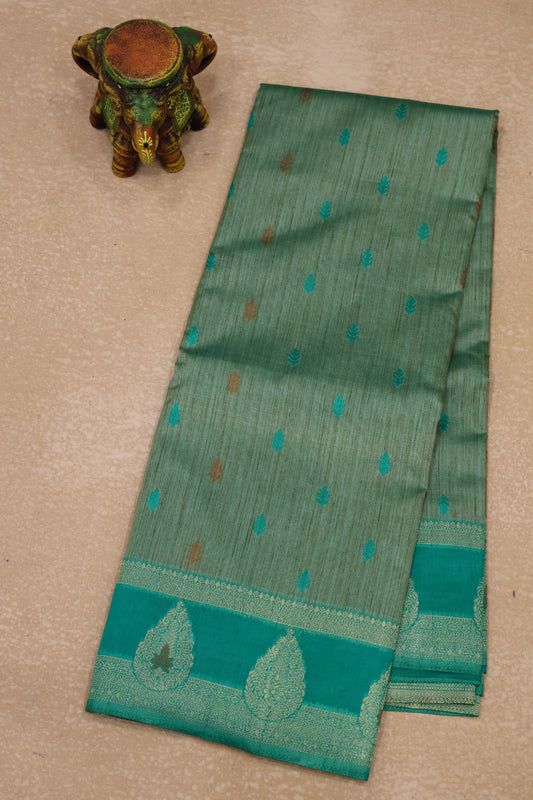 Semi Tussar Saree -Teal Green Leaf Butta
