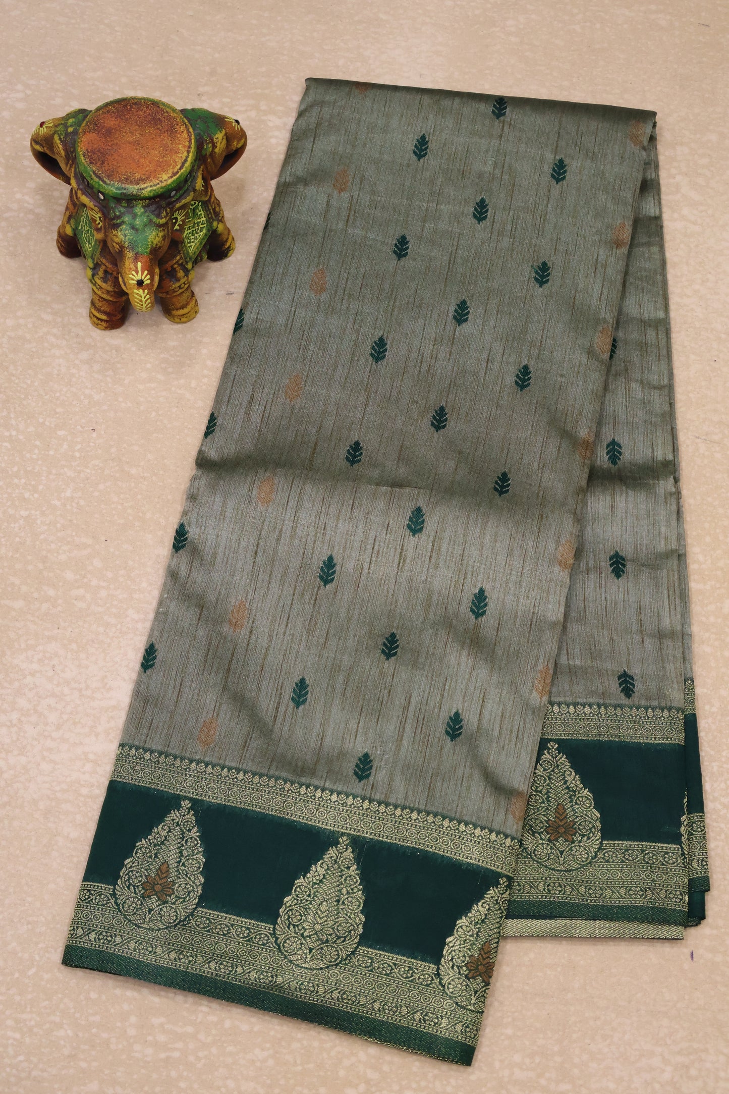 Semi Tussar Saree -Bottle Green Leaf Butta