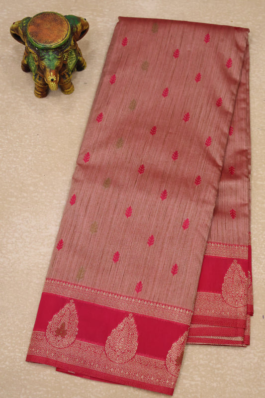 Semi Tussar Saree -Rani Pink Leaf Butta