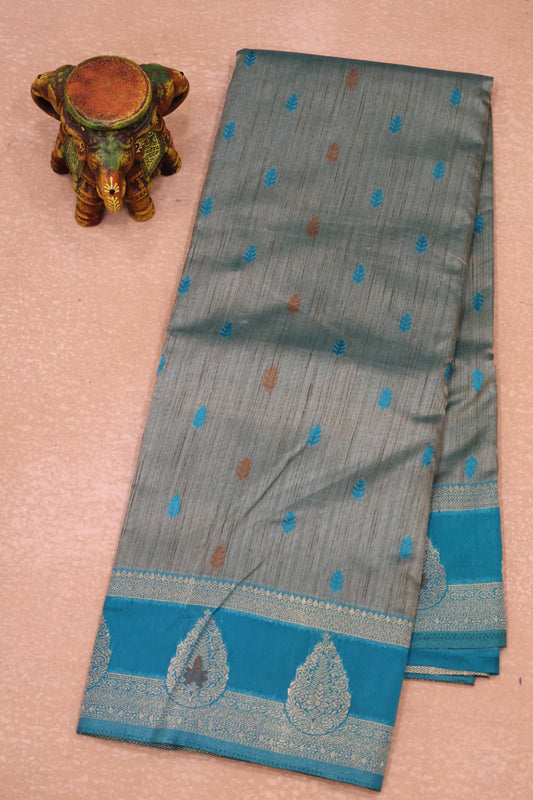 Semi Tussar Saree -Teal Blue Leaf Butta