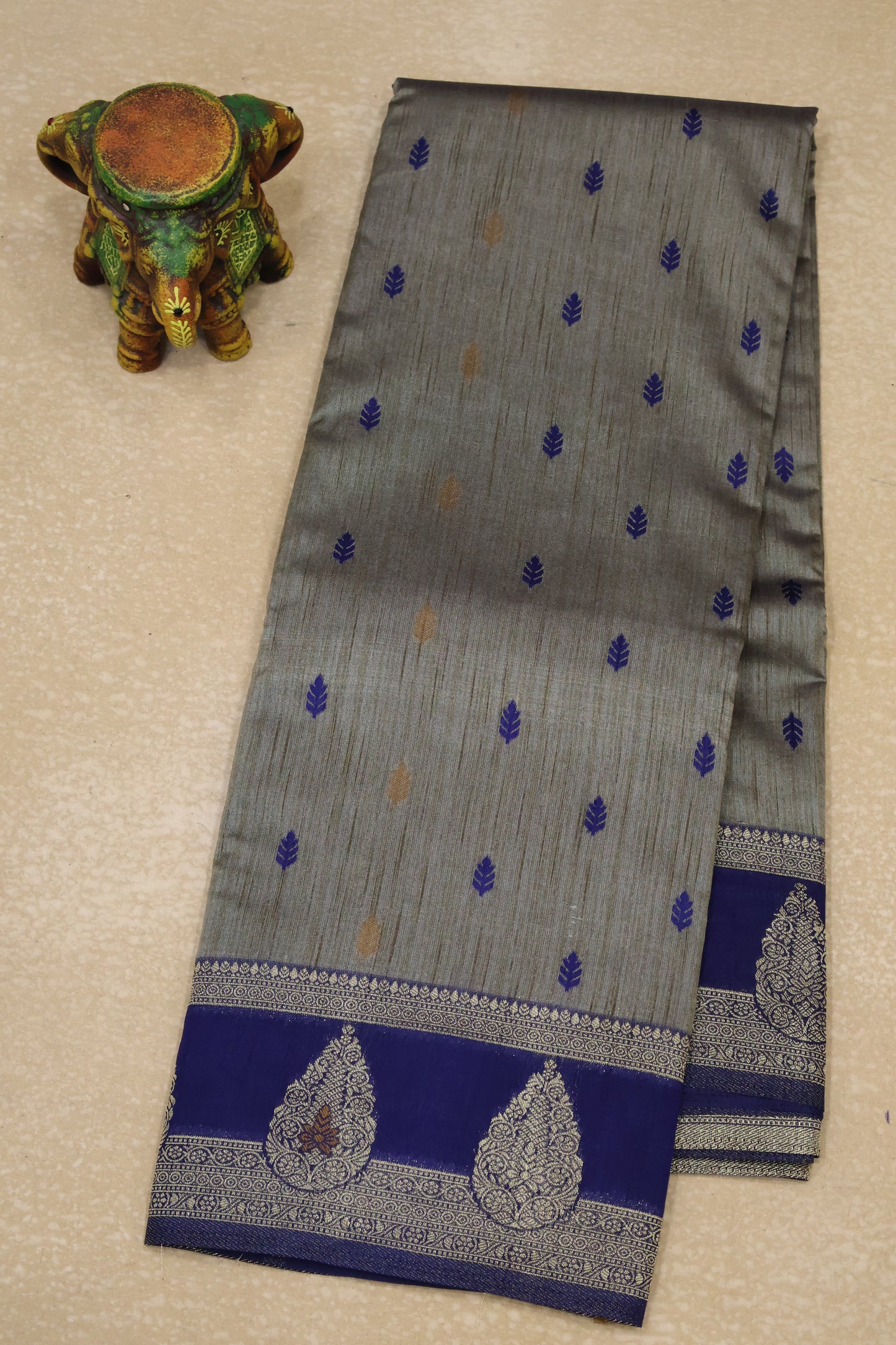 Semi Tussar Saree -Navy Blue Leaf Butta