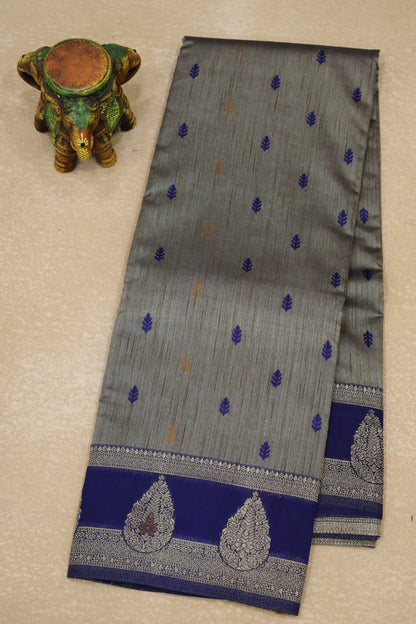 Semi Tussar Saree -Navy Blue Leaf Butta