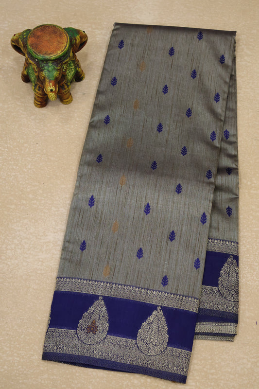Semi Tussar Saree -Navy Blue Leaf Butta
