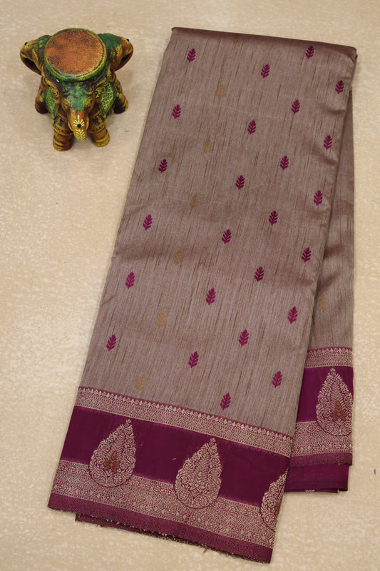 Semi Tussar Saree -Wine Leaf Butta