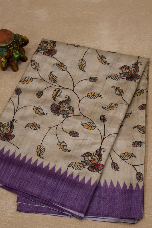 Semi Tussar Saree - Purple Kalmkari Print