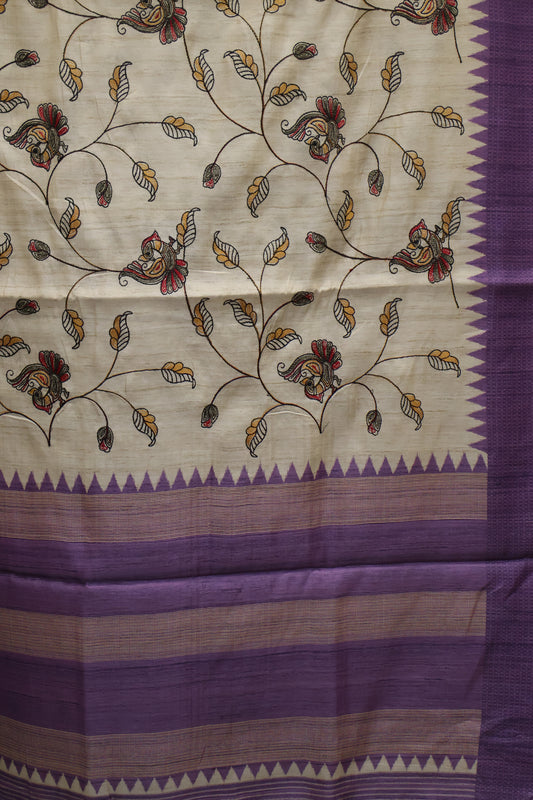 Semi Tussar Saree - Purple Kalmkari Print