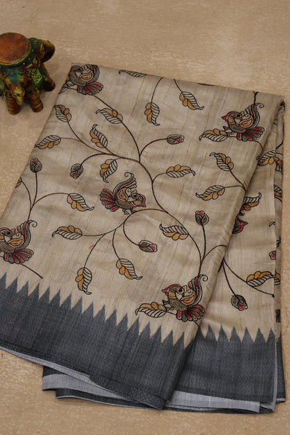 Semi Tussar Saree - Grey Kalmkari Print