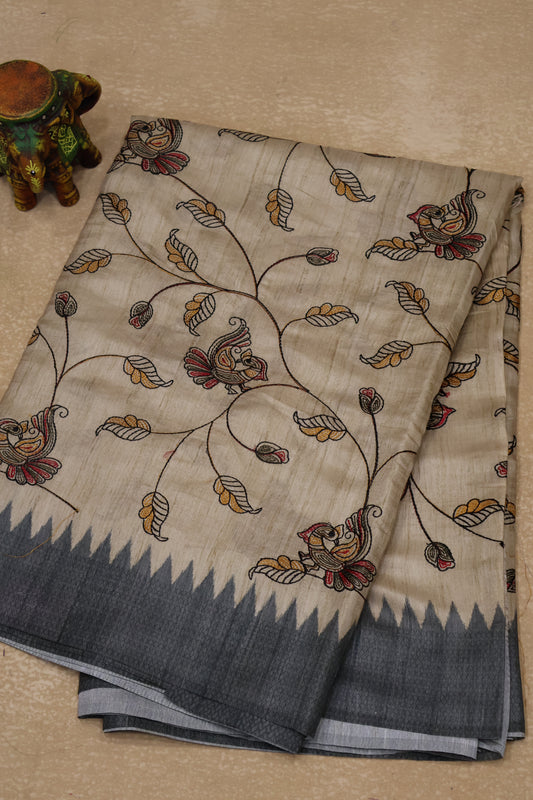 Semi Tussar Saree - Grey Kalmkari Print