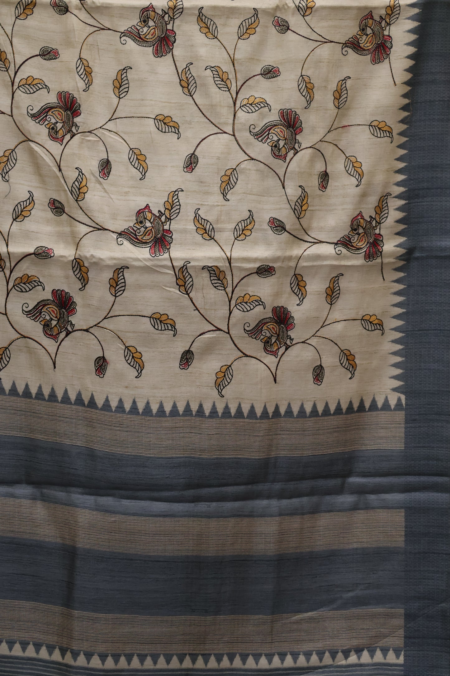 Semi Tussar Saree - Grey Kalmkari Print