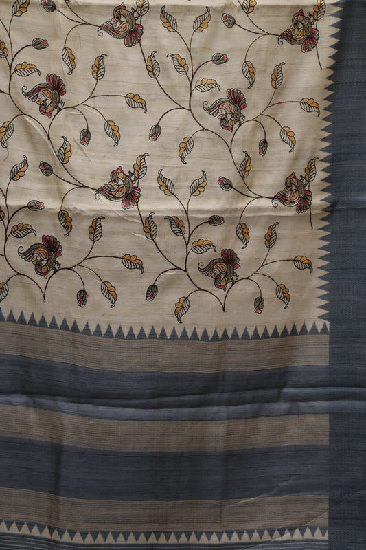 Semi Tussar Saree - Grey Kalmkari Print