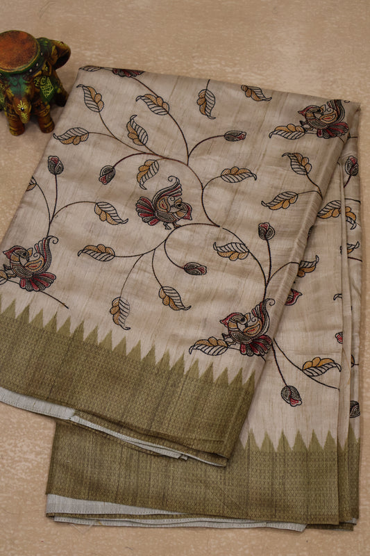 Semi Tussar Saree - Olive Green Kalmkari Print