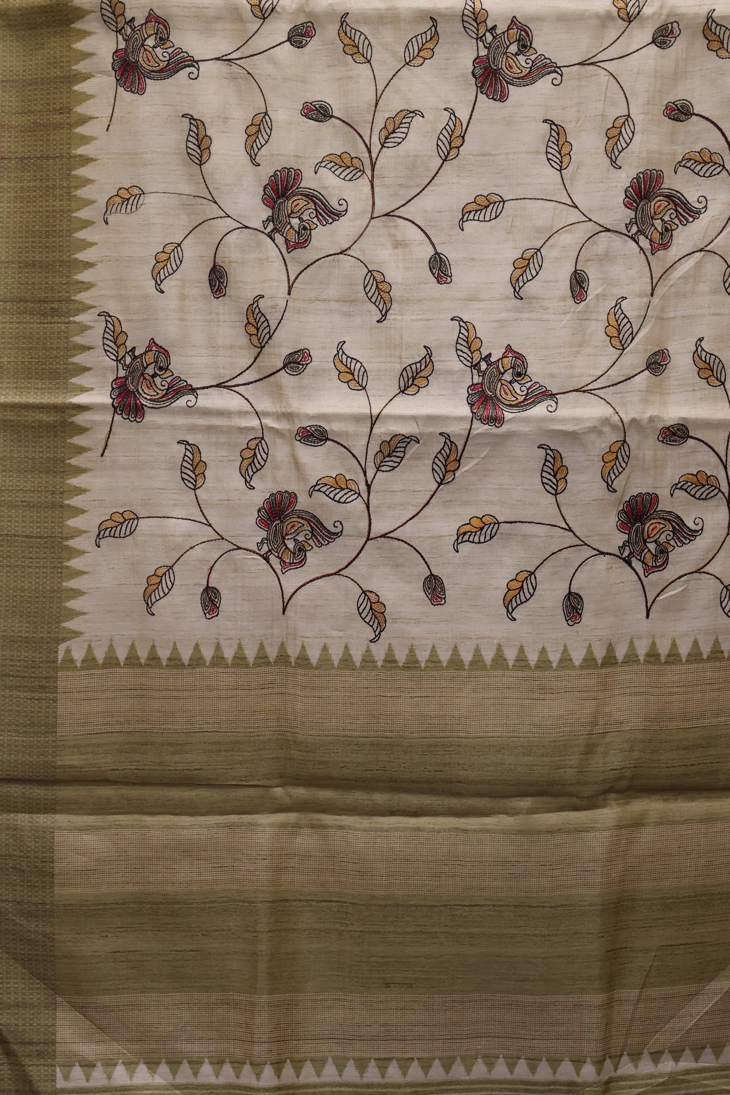 Semi Tussar Saree - Olive Green Kalmkari Print