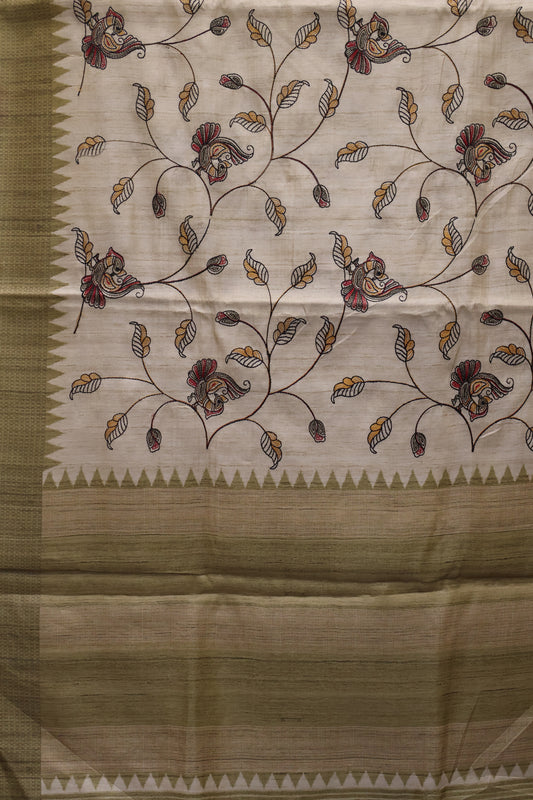 Semi Tussar Saree - Olive Green Kalmkari Print