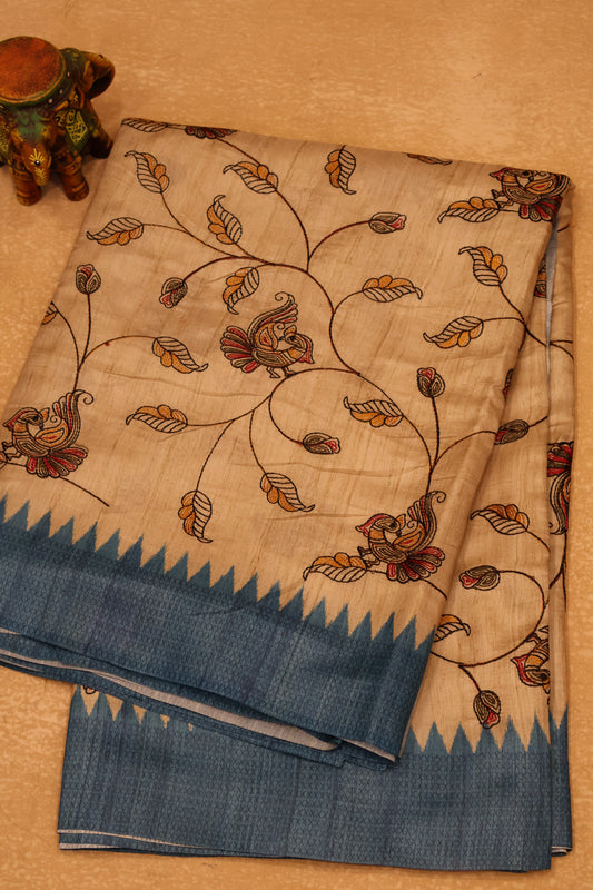 Semi Tussar Saree - Sky Blue Kalmkari Print