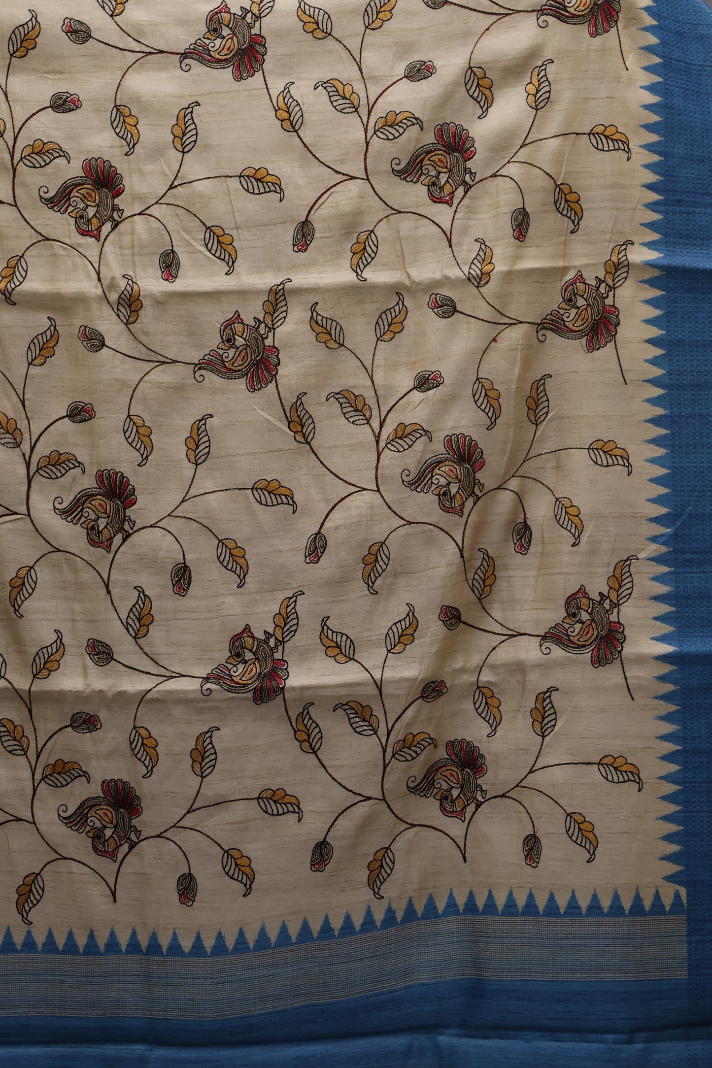 Semi Tussar Saree - Sky Blue Kalmkari Print