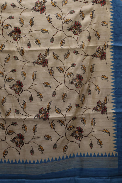 Semi Tussar Saree - Sky Blue Kalmkari Print