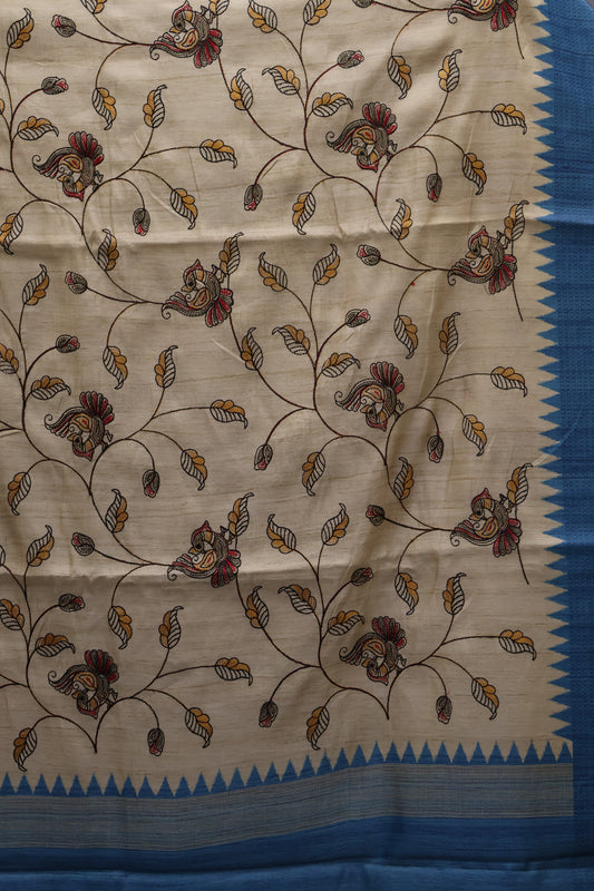Semi Tussar Saree - Sky Blue Kalmkari Print